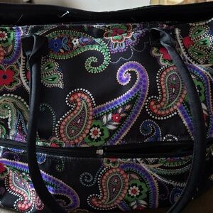 Beautiful multi colored large tote 19x 12 vinyl material easy to clean